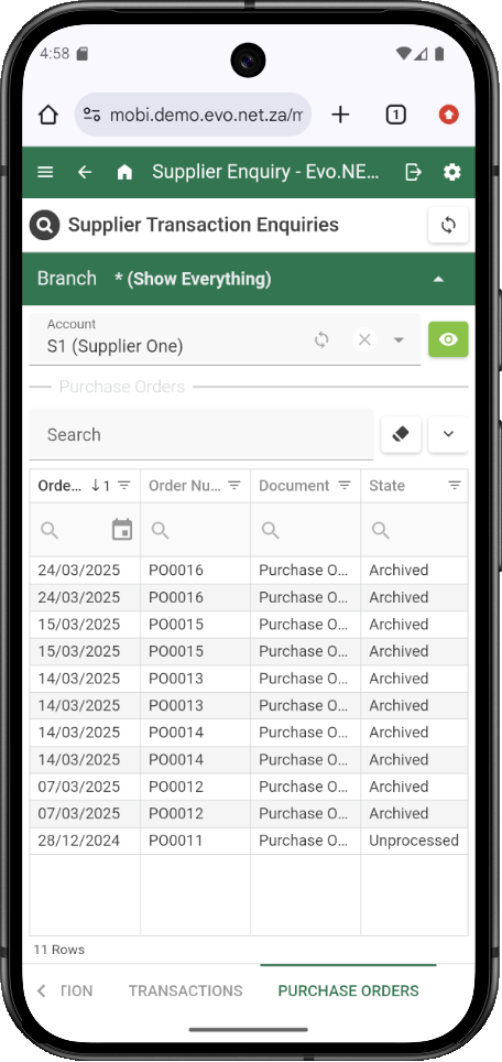 Supplier Purchase Order Enquiry
